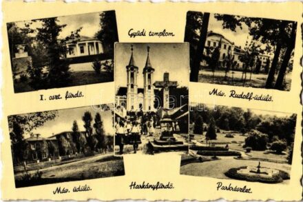 Harkányfürdő, I. oszt. fürdő, MÁV Rudolf üdülő, gyűdi templom, MÁV üdülő, parkrészlet