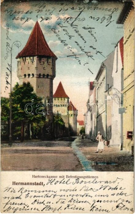 1914 Nagyszeben, Hermannstadt, Sibiu; Harteneckgasse mit Befestigungstürmen / Harteneck utca, erődített tornyok. Lichtdruck v. Jos. Drotleff. Verlag G. A. Seraphin / street view, fortified towers (EK)