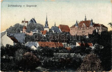 Segesvár, Schässburg, Sighisoara; Városháza, Evangélikus vártemplom és gimnázium. Kiadja F. Petrovits / town hall, Lutheran fortified church and high school (EK)