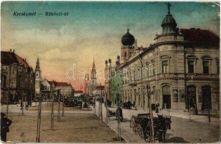 1915 Kecskemét, Rákóczi út, izraelita templom, zsinagóga, bélyeg áruda, piaci árusok, üzletek. A hátoldalon levél a kecskeméti barakk-kórházból (K.u.K. Reservespital) (ragasztónyom / glue marks)