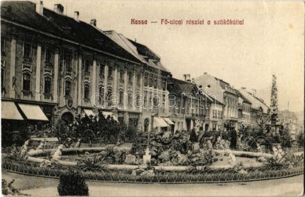 1912 Kassa, Kosice; Fő utca, szökőkút, Szentháromság szobor. Kiadja Varga Bertalan 203. / main street, fountain, Holy Trinity statue