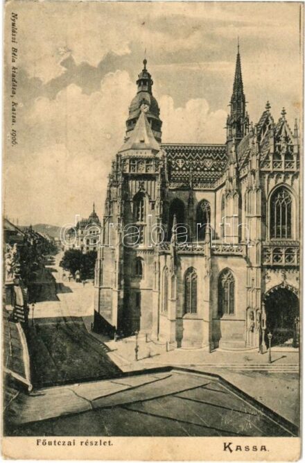 1908 Kassa, Kosice; Fő utca, Székesegyház, dóm. Kiadja Nyulászi Béla / main street, cathedral + 'POPRÁD - MISKOLCZ 288. SZ.' vasúti mozgóposta bélyegző