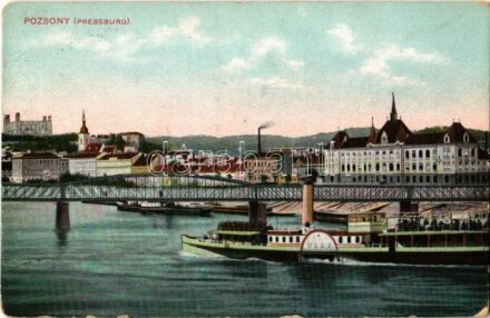 1908 Pozsony, Pressburg, Bratislava; vár, vasúti híd, gőzhajó. 'Bediene dich allein' / castle, railway bridge, steamship, steamer (kopott sarkak / worn corners)