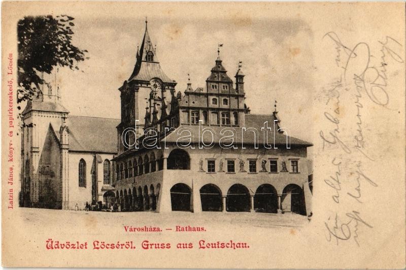 1900 Lőcse, Levoca; Városháza, piaci árusok, Római katolikus templom. Kiadja Latzin János / Rathaus / town hall, market vendors, Catholic church (fl)