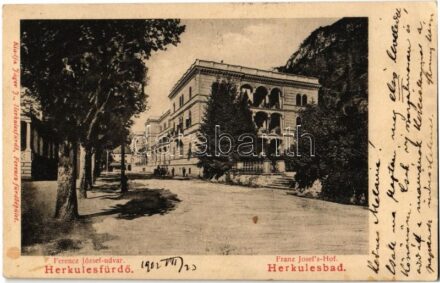 1902 Herkulesfürdő, Herkulesbad, Baile Herculane; Ferenc József udvar, fürdőépület. Kiadja Jäger J. / Franz Josef's-Hof / spa, bathing hosue, baths