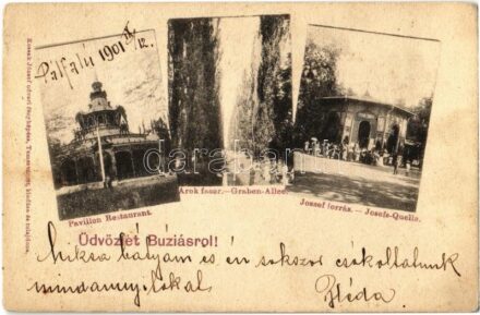 1901 Buziásfürdő, Baile Buzias; Pavillon Restaurant, Graben-Allee, Josefs-Quelle / Étterem, Árok fasor, József forrás. Kiadja Kossak József udvari fényképész / restaurant, alley, thermal spring (Rb)
