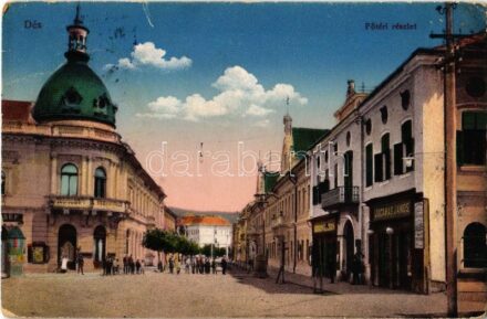 1913 Dés, Dej; Fő tér, Városháza, Megyeháza, Hungária szálloda, Jagamas János, Léner János üzlete. Kiadja Galócsi Samu / main square, town hall, county hall, hotel, shops (EK)