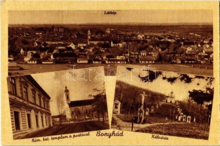 Bonyhád, Látkép, római katolikus templom a postával, kálvária