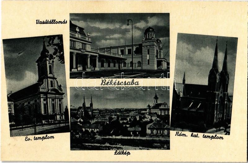 Békéscsaba, Vasútállomás, evangélikus templom, római katolikus templom, látkép