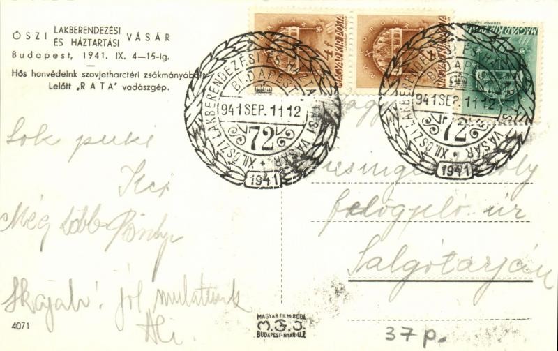 1941 Budapest, Őszi Lakberendezési és Háztartási Vásár, Hős honvédeink szovjetharctéri zsákmányából lelőtt 'RATA' vadászgép. So. Stpl - Image 2