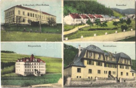 Rotava, Rothau; Volksschule Ober-Rothau, Rosenthal, Bürgerschule, Beamtenhaus / schools, officers' apartments, valley. Franz Schmucker (EK)