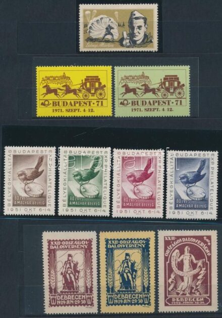 1929-1971 10 db levélzáró: XII. Országos Dalosverseny (3 db), Bélyegkiállítás (4 db), Budapest '71 (2 db), Szőnyi Márton ejtőernyős ugrása (1 db)