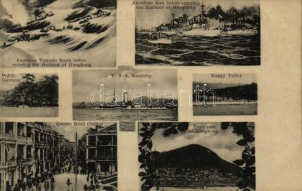 American Torpedo Boats and fleet before entering the Harbour of Hongkong, Public Gardens, VSS Monterey, Happy Valley, Queens Road Central