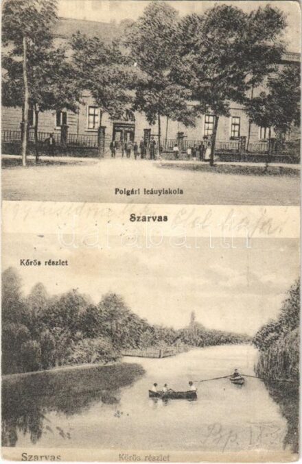 1920 Szarvas, Polgári leányiskola, Körös részlet, evezős csónak. Ifj. Kovácsik Károly kiadása (r)