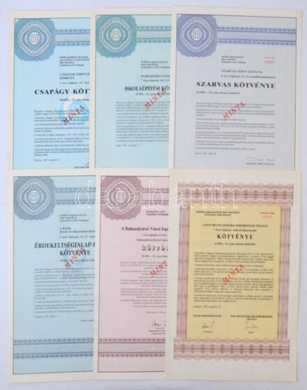 9db-os 'MINTA' felülnyomásos kötvény, közte 'Buják Községi Tanács - Iskolaépítési Kötvénye', 'A Magyar Gördülőcsapágy Művek Debrecen - Csapágy Kötvénye' T:II ázásnyom