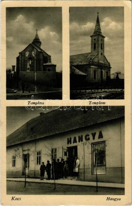 1944 Kocs, Római katolikus templom, Református templom, Hangya Szövetkezet üzlete és saját kiadása (EK)