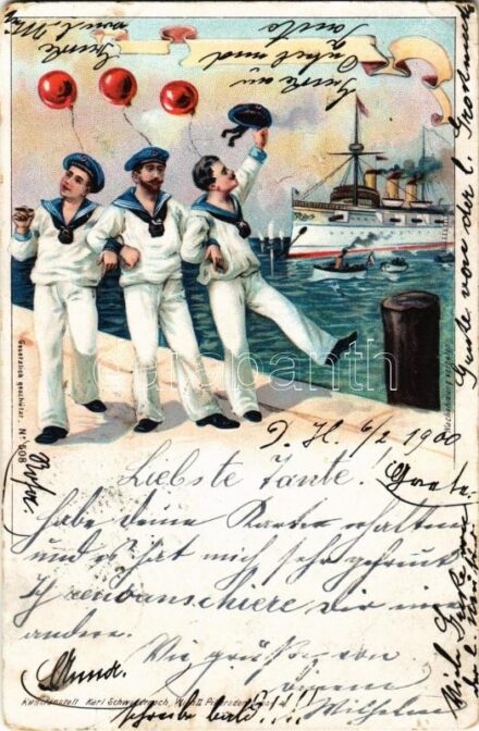 1900 Austro-Hungarian Navy, K.u.K. Kriegsmarine, mariners at the dock. Kunstanstalt Karl Schwidernoch Nr. 508. Art Nouveau, litho (EK)