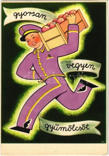 Gyorsan vegyen gyümölcsöt! Magyar egészségügyi propaganda, C-vitamin táblázat a hátoldalon / Hungarian health campaign propaganda, Vitamin C chart (EK)