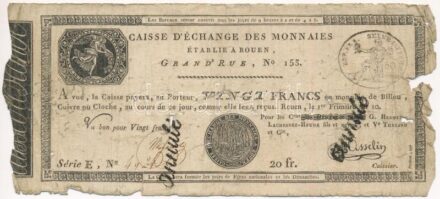 Franciaország / Rouen 1797-1803. 20Fr 'annulé (érvénytelen)' felülbélyegzéssel T:IV France Rouen 1797-1803. 20 Francs 'annulé (cancelled)' C:G Krause#S245a