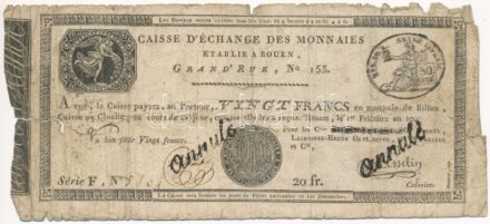 Franciaország / Rouen 1797-1803. 20Fr 'annulé (érvénytelen)' felülbélyegzéssel T:IV France Rouen 1797-1803. 20 Francs 'annulé (cancelled)' C:G Krause#S245a