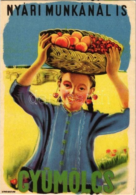 Nyári munkánál is gyümölcs! Magyar egészségügyi propaganda, C-vitamin táblázat a hátoldalon. M. kir. Földművelődésügyi Minisztérium kiadványa / Hungarian health campaign propaganda, Vitamin C chart s: Vöczköndy