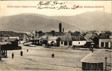 Kovászna, Kovásznafürdő, Baile Covasna; Fő tér, Rákóczi utca, üzlet. Moskovitz Márton kiadása / main square, street view, shop (EK)