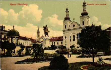 Marosvásárhely, Targu Mures; Kossuth Lajos szobor, Takarékpénztár, biztosító intézet. Révész Béla kiadása / statue, monument, savings bank, insurance company (EK)