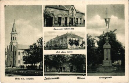 Lajosmizse, Római katolikus templom, Iparosok kultúrháza, Állami elemi iskola, Vasútállomás, Országzászló (EK)