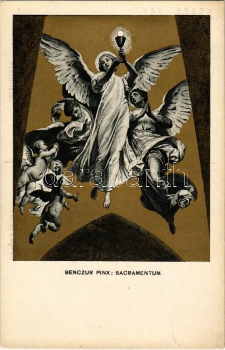 1938 Sacramentum. Benczúr Gyula mennyezeti képe a Bazilikában. Budapest XXXIV. Nemzetközi Eucharisztikus Kongresszus reklámlapja / 34th International Eucharistic Congress s: Benczúr