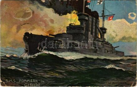 SMS Pommern im Gefecht. Kronprinz- u. Kronprinzessin-Stiftung des Deutschen Kriegserbundes / WWI Imperial German Navy (Kaiserliche Marine) art postcard, SMS Pommern Deutschland-class pre-dreadnought battleship s: W. Malchin (EB)