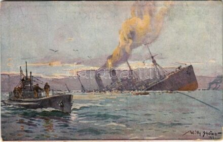 Versenkung eines feindlichen bewaffneten Truppentransportdampfers durch deutsches U-Boot im Mittelmeer. U-Boot-Spende 1917 / WWI Imperial German Navy (Kaiserliche Marine) art postcard, submarine charity fund s: Willy Stöwer (kopott sarkak / worn