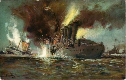 Untergang des Dampfers Königin Louise und des Englischen Kreuzers Amphion / WWI Imperial German Navy (Kaiserliche Marine) art postcard. Meissner & Buch Kriegs-Postkarten Serie 2066. s: H. Bohrdt