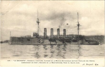 'La Bachante' Croiseur a Ceinture, Cuirassé de La Marine Britannique Battant Pavillon de L'Amiral Commandant en Chef L'Escadre de la Mediterranée, Rade du Golfe Juan / HMS 'Bacchante' Royal Navy Cressy-class armoured cruiser (EB)