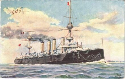 HMS 'Powerful' Royal Navy Powerful-class protected cruiser. Raphael Tuck & Sons' 'Oilette' Postcard 9079. 'Our Ironclads' Series I. (EK)