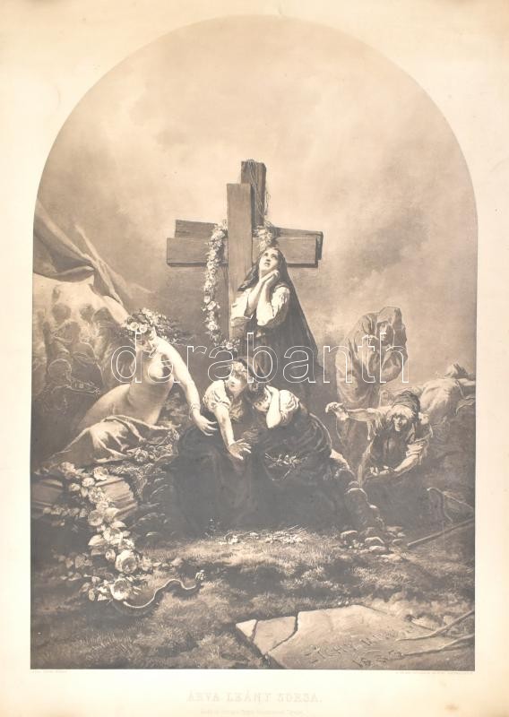 Zichy Mihály (1827-1906) festménye után: Árva leány sorsa. Fénymetszet, papír, jelzett a metszeten. Kiadja az Országos Magyar Képzőművészeti Társulat. Lap alja kisebb szakadással és hátoldala foltos, metszet ép, feltekerve, 67x45,5