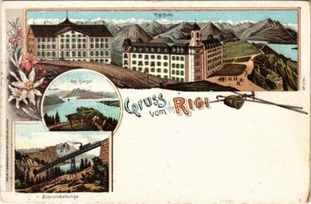 1898 (Vorläufer) Rigi, Rigi-Kulm, Rigi-Känzeli, Schnurtobelbrücke / mountain, rack railway, train, locomotive, bridge, hotel. Verlag H. Guggenheim & Co. No. 274. Art Nouveau, floral, litho (EK)