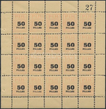 ~1944 Pesti Izraelita Hitközség Ifjúsági Csoportja 50f tagsági bélyegek 27-es sorszámmal, 20-as kisíven / Hungarian membership stamps in mini sheet of 20