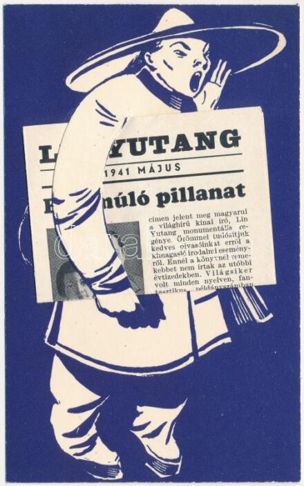 Lin Yutang: Egy múló pillanat c. kínai regényének magyar mechanikus reklámlapja. 1941-es újságcikk. Lepage Lajos kiadása, Kolozsvár, Mátyás király tér 30. / Lin Yutang's 'Moment in Peking' Chinese novel's Hungarian mechanical