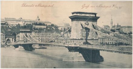 1898 (Vorläufer) Budapest, Lánchíd. Három részes kinyitható panorámalap / 3-tiled folding panoramacard