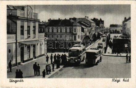 Ungvár, Uzshorod, Uzhhorod, Uzhorod; Régi híd, autóbusz, automobil / bridge, automobile, autobus (EK)