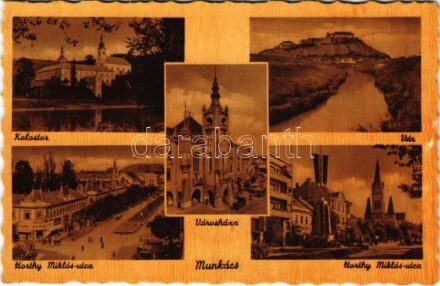 Munkács, Mukacheve, Mukacevo; városháza, Horthy Miklós utca, vár, kolostor / town hall, street, castle, monastery