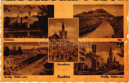 Munkács, Mukacheve, Mukacevo; városháza, Horthy Miklós utca, vár, kolostor / town hall, street, castle, monastery