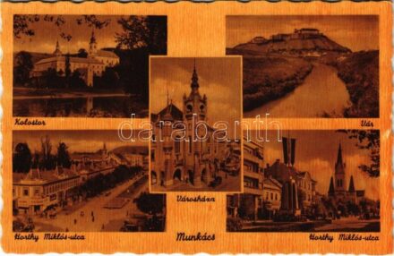 Munkács, Mukacheve, Mukacevo; Horthy Miklós utca, kolostor, városháza, vár / street, monastery, town hall, castle