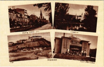 Munkács, Mukacheve, Mukacevo; Horthy Miklós utca, klastrom, vár, Scala filmszínház / street, monastery, castle, cinema