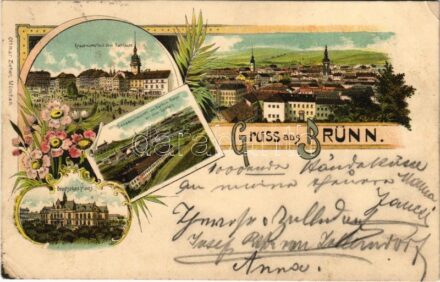 1897 (Vorläufer!) Brno, Brünn; Krautmarkt mit dem Rathause, Gesammtansicht vom Rathen Berge mit dem Speilberg, Deutsches Haus / market, town hall, general view, Spilberk Castle, German National House. Ottmar Zieher Art Nouveau, floral, litho (EK)