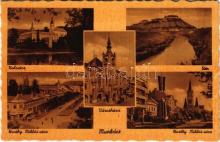 Munkács, Mukacheve, Mukacevo; Horthy Miklós utca, kolostor, vár városháza / street, monastery, castle, town hall
