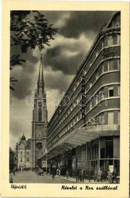 Újvidék, Novi Sad; részlet a Rex szállóval, templom / hotel, church