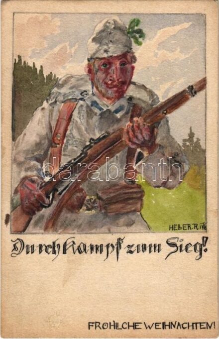 Durch Kampf und Sieg! Fröhliche Weihnachten! / WWI Austro-Hungarian K.u.K. military Christmas greeting hand-drawn art postcard s: Heller R. (EK)
