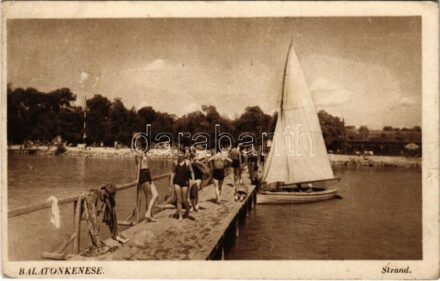 1948 Balatonkenese, Strand, fürdőzők, vitorlás (EK)