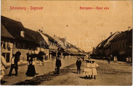 1909 Segesvár, Schässburg, Sighisoara; Baiergasse / Bajor utca, üzletek. W. L. (?) No. 85. / street view, shops (EK)